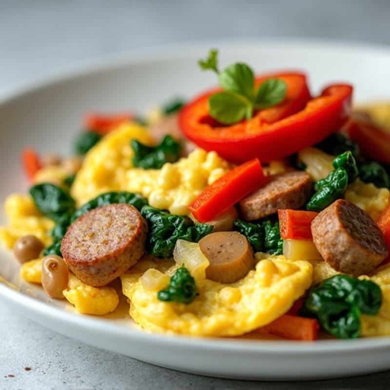 Egg White and Turkey Sausage Scramble with Spinach and Bell Peppers