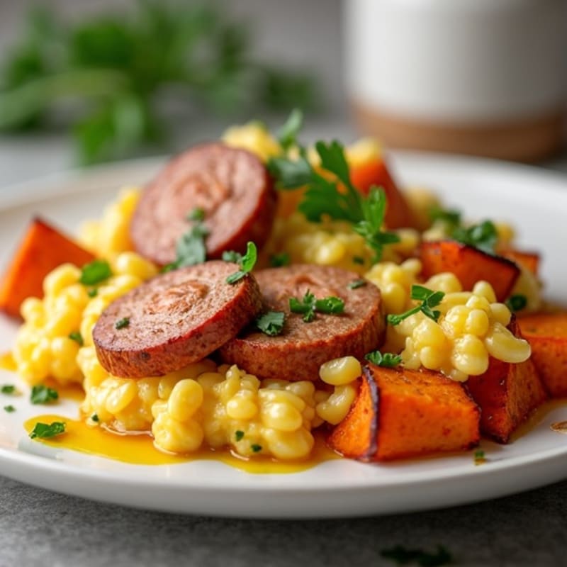 Egg White and Turkey Sausage Scramble with Roasted Sweet Potatoes