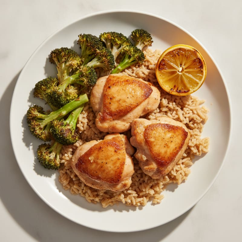 Roasted Chicken Thighs with Garlic Brown Rice and Roasted Broccoli