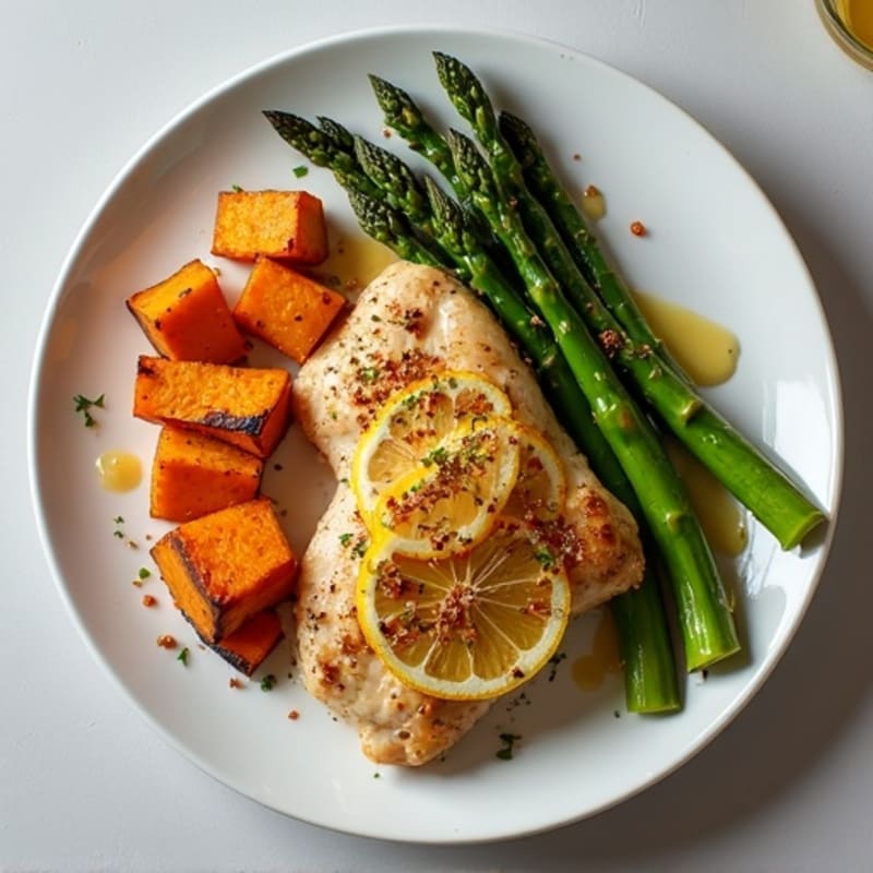 Crispy Lemon-Herb Roasted Chicken with Roasted Asparagus and Sweet Potatoes