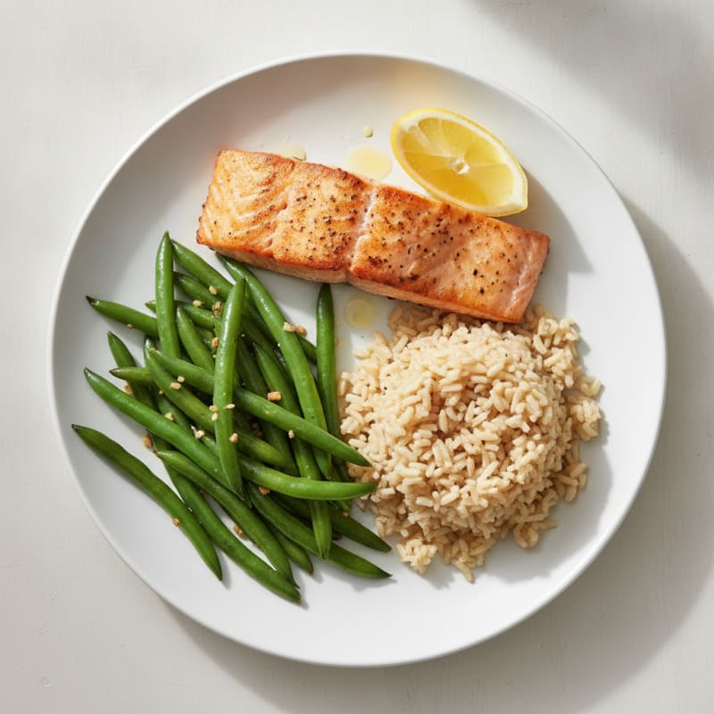 Seared Salmon with Garlic Green Beans and Brown Rice