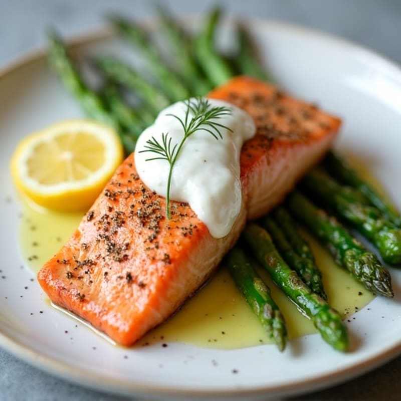 Seared Salmon with Steamed Asparagus and Lemon Dill Yogurt Sauce