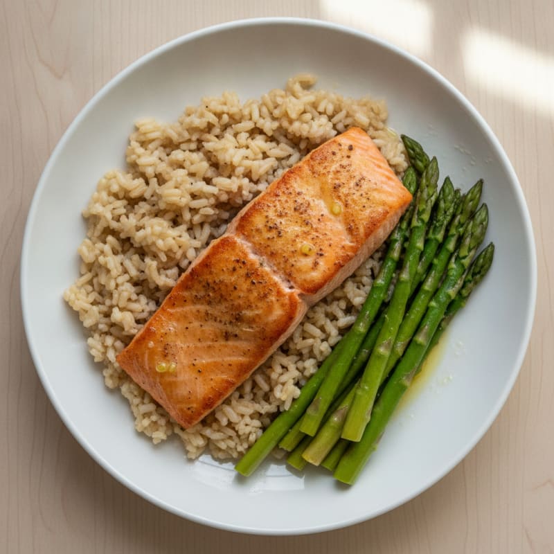 Seared Salmon with Steamed Asparagus and Brown Rice