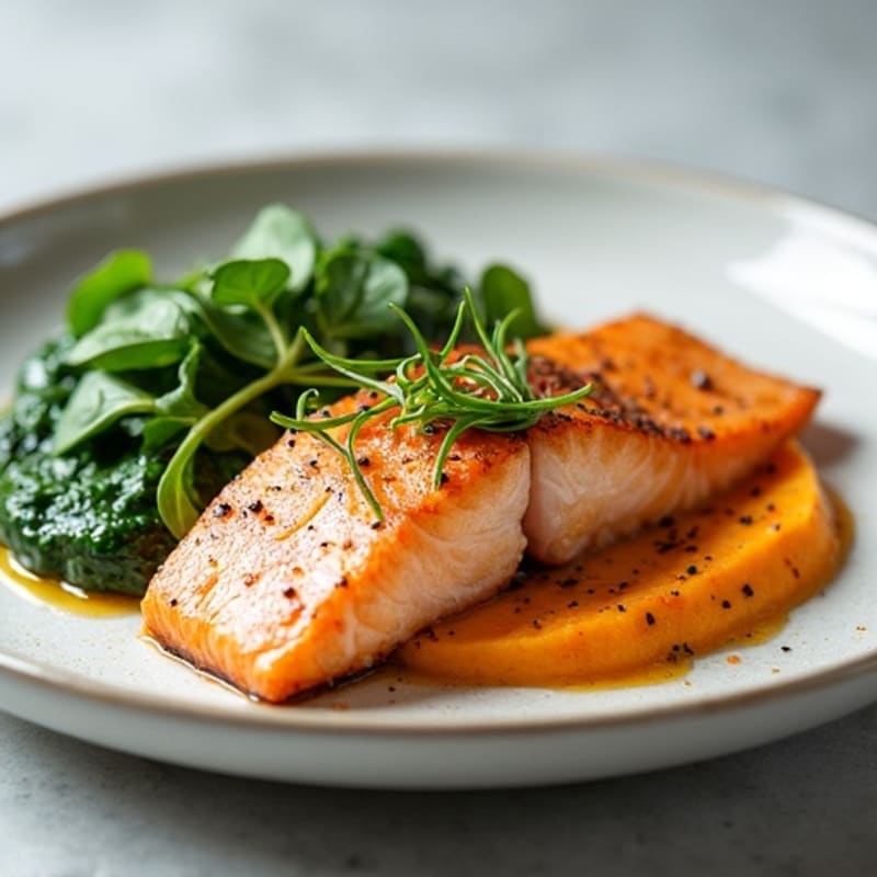 Seared Salmon with Creamy Spinach and Sweet Potato Mash