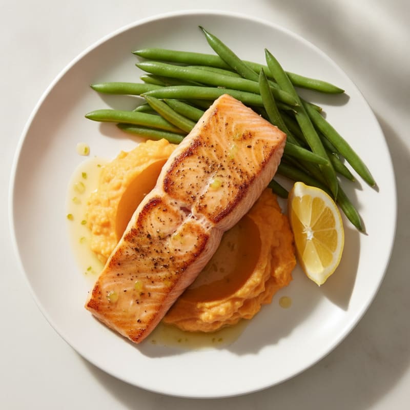 Seared Salmon with Steamed Green Beans and Sweet Potato Mash