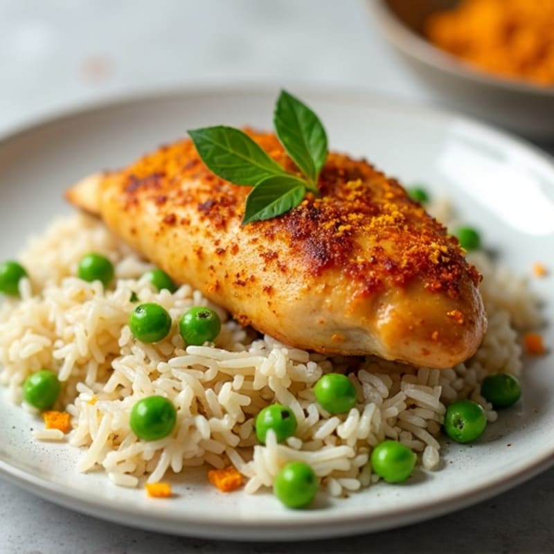 Saffron-Spiced Chicken with Fluffy Rice and Peas
