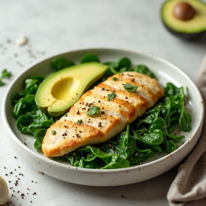 Creamy Avocado Chicken with Wilted Garlic Spinach