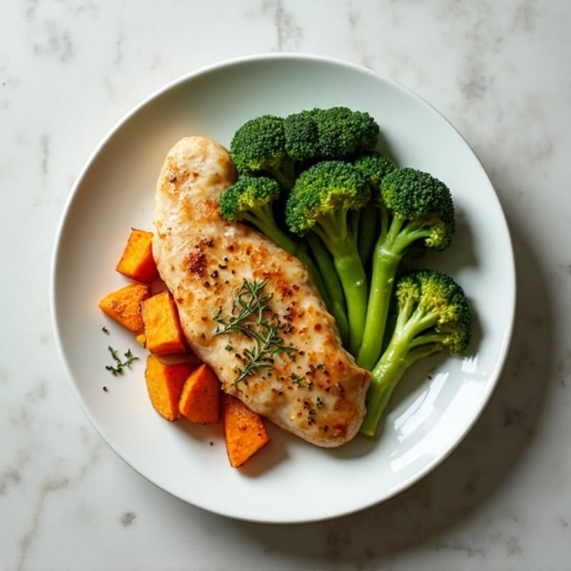 Herbed Chicken Breast with Roasted Sweet Potato and Steamed Broccoli
