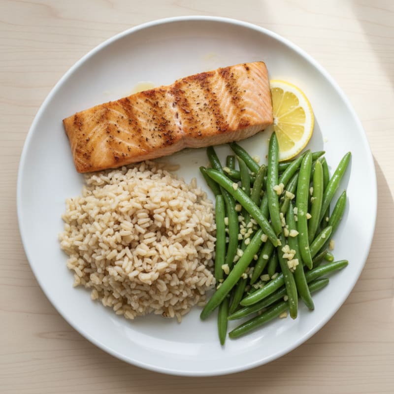 Seared Salmon Fillet with Garlic Green Beans and Brown Rice
