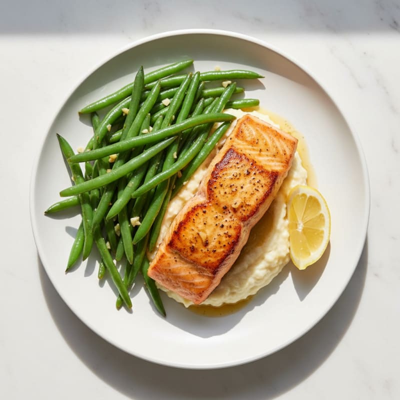Seared Salmon with Garlic Green Beans and Cauliflower Mash