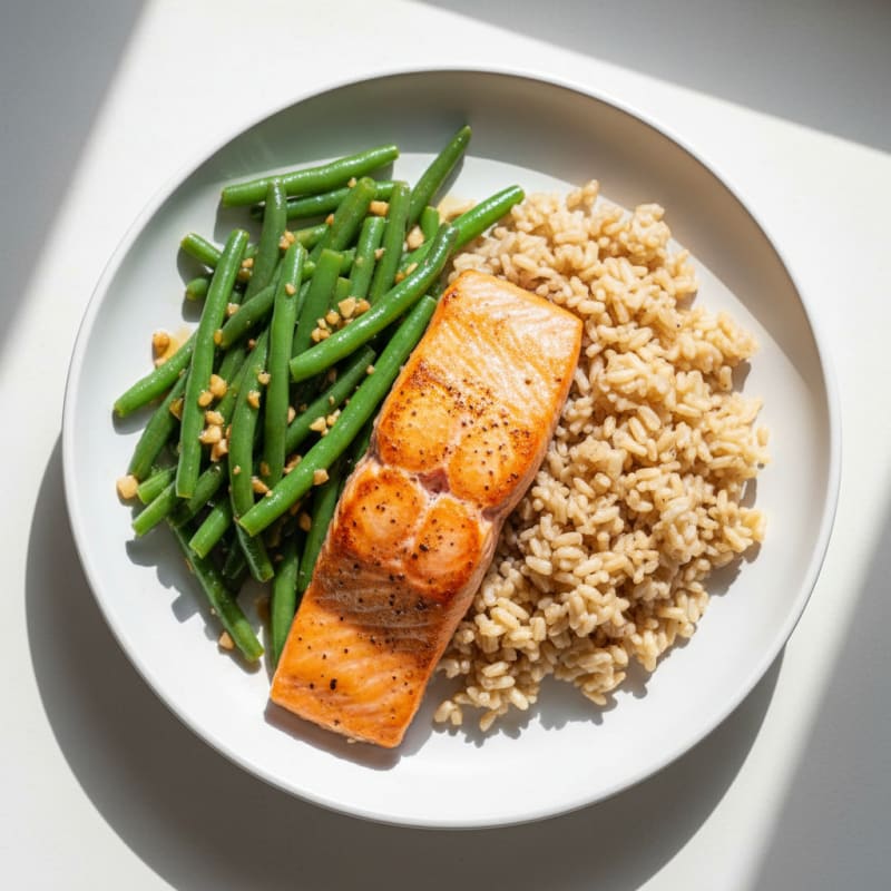 Seared Salmon with Garlic Green Beans and Brown Rice