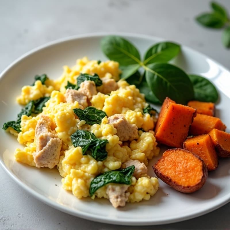 Egg White and Turkey Spinach Scramble with Roasted Sweet Potatoes
