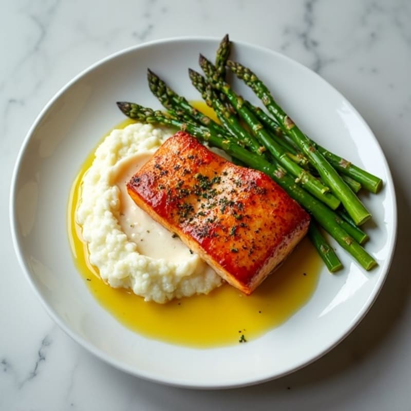 Seared Salmon with Roasted Asparagus and Cauliflower Mash