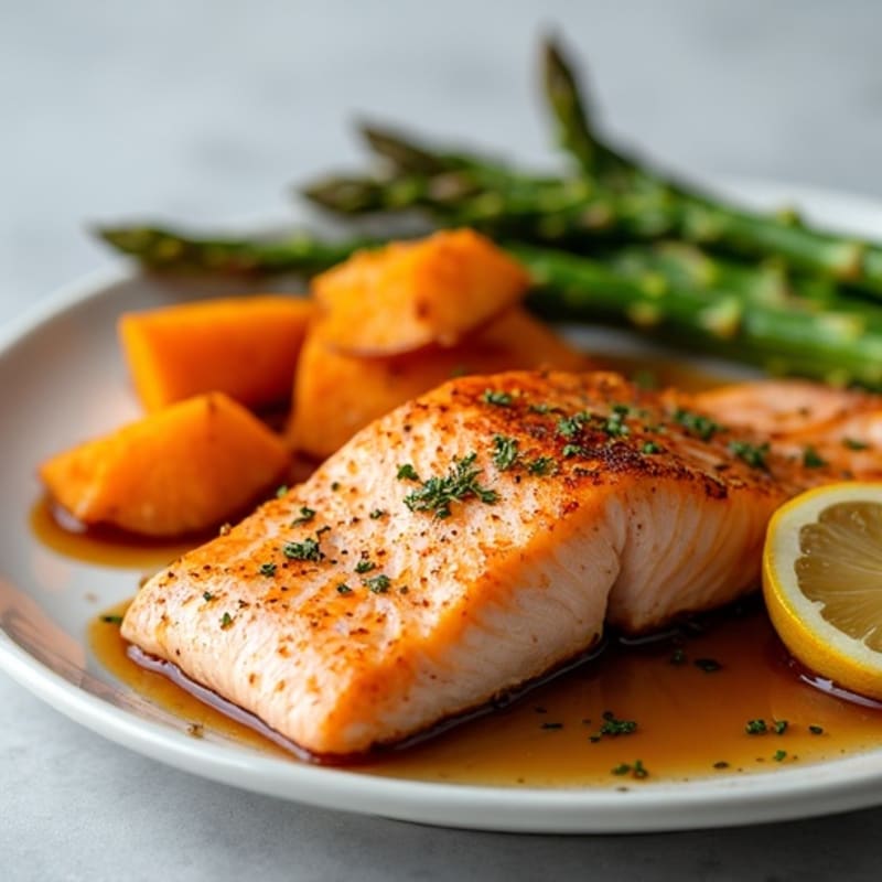 Seared Salmon with Roasted Sweet Potato and Asparagus