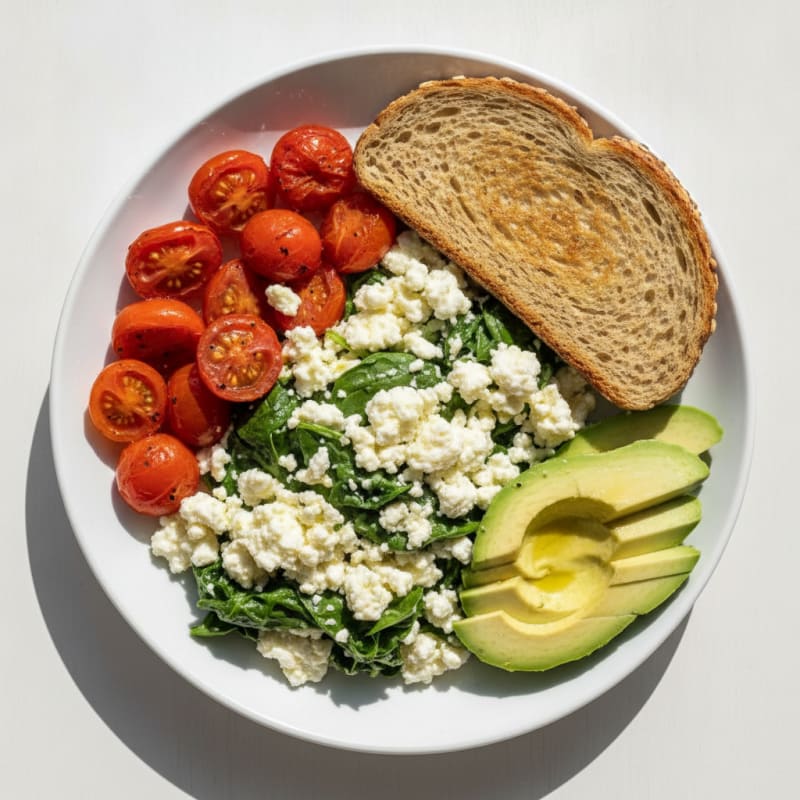 Egg White and Spinach Scramble with Cottage Cheese and Cherry Tomatoes
