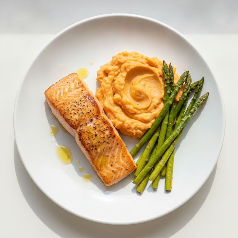 Seared Salmon Fillet with Roasted Asparagus and Sweet Potato Mash
