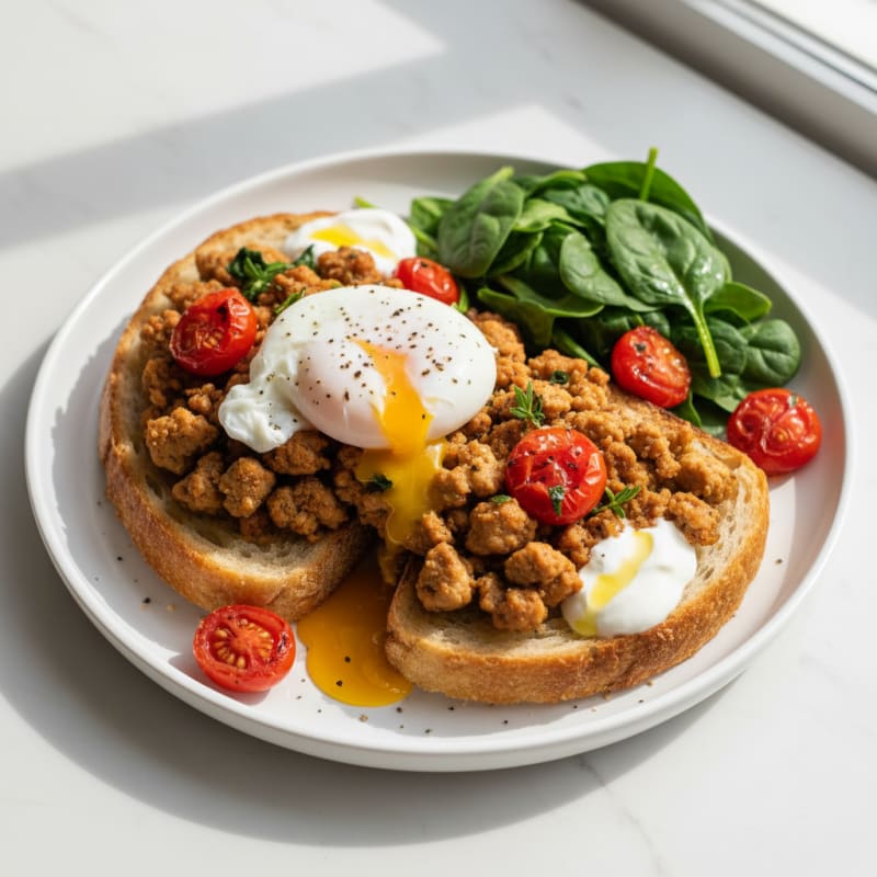 Egg and Chicken Mince Sourdough Toast with Spinach and Tomato