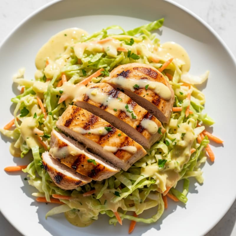 Grilled Chicken Breast with Crunchy Shredded Cabbage and Lemon-Tahini Dressing