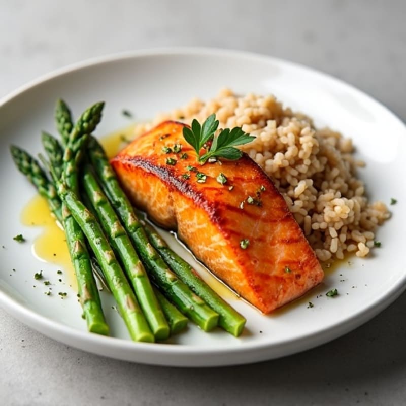Seared Salmon with Steamed Asparagus and Brown Rice