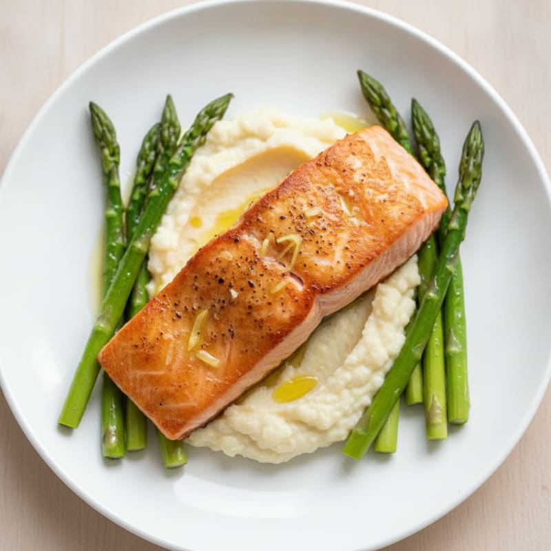 Seared Salmon with Steamed Asparagus and Cauliflower Mash