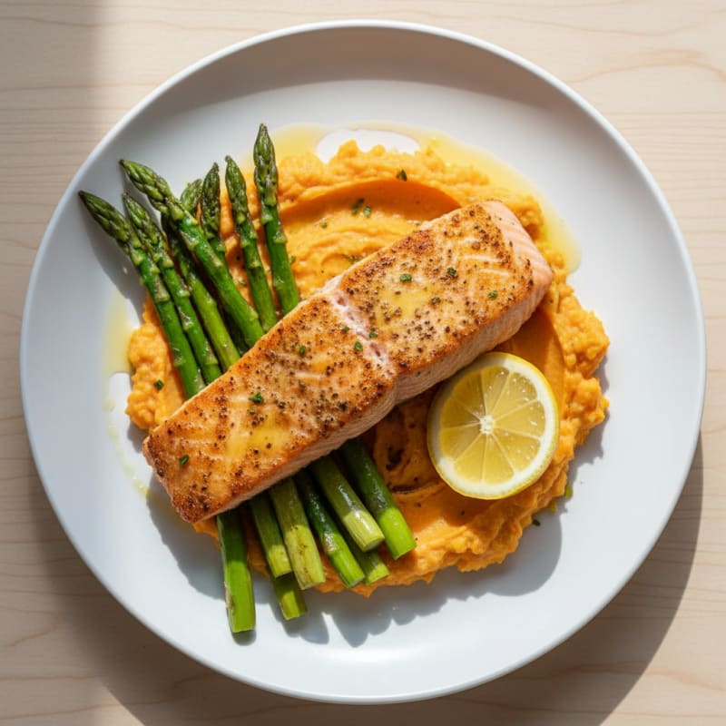 Seared Salmon Fillet with Roasted Asparagus and Sweet Potato Mash