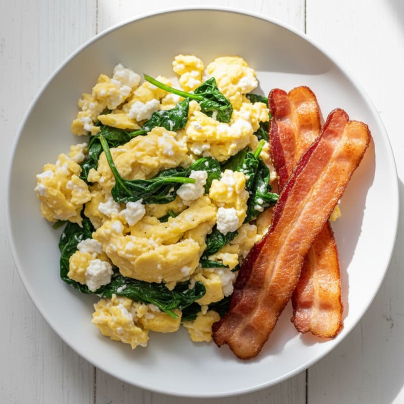 Cottage Cheese Scramble with Sautéed Spinach and Turkey Bacon