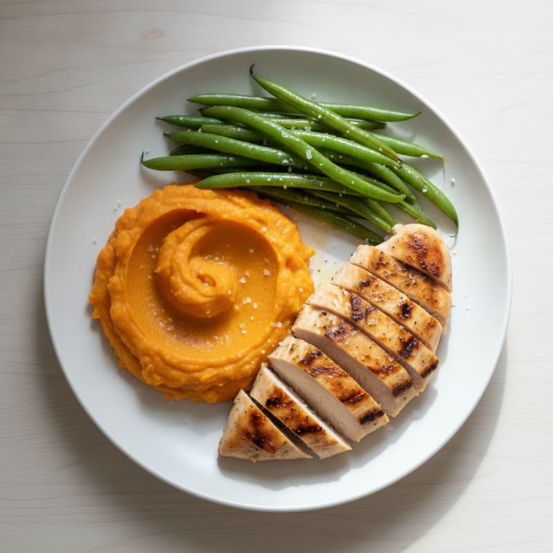 Grilled Chicken Breast with Steamed Green Beans and Sweet Potato Mash