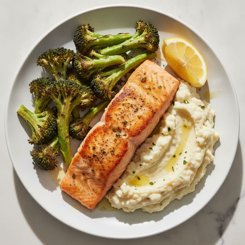 Seared Salmon Fillet with Roasted Broccoli and Garlic Mashed Cauliflower