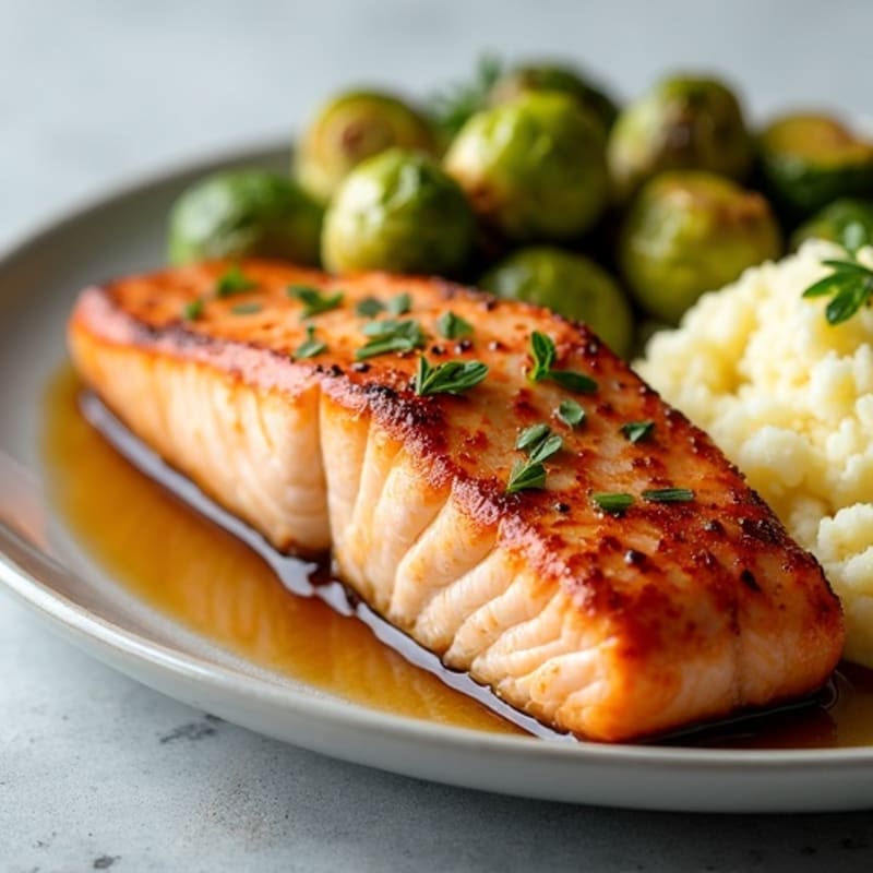 Seared Salmon with Roasted Brussels Sprouts and Garlic Mashed Potatoes