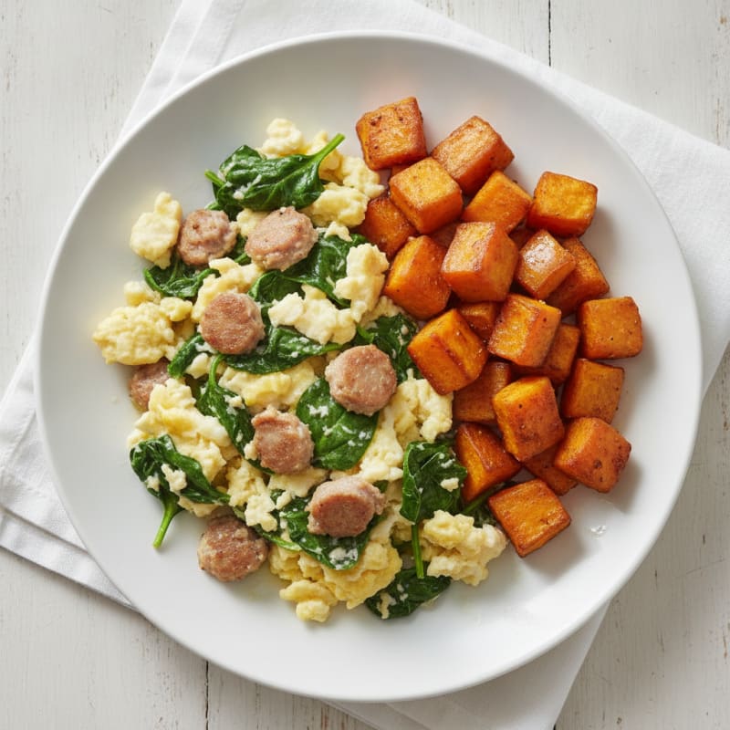 Egg White and Turkey Sausage Scramble with Spinach and Roasted Sweet Potatoes