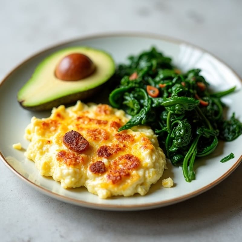 Crispy Turkey Sausage and Egg White Scramble with Sautéed Spinach