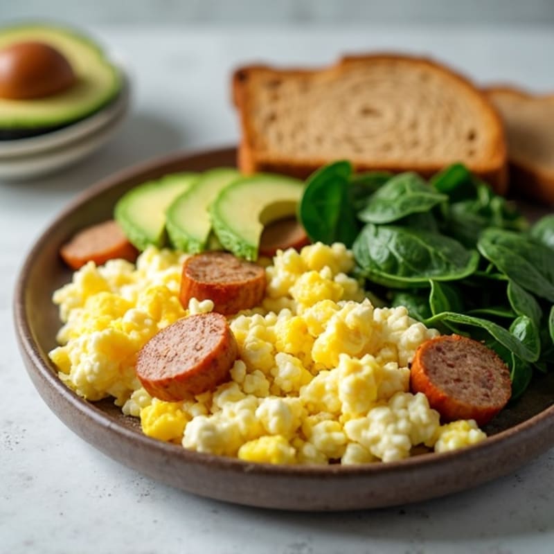 Cottage Cheese Egg Scramble with Spinach and Turkey Sausage