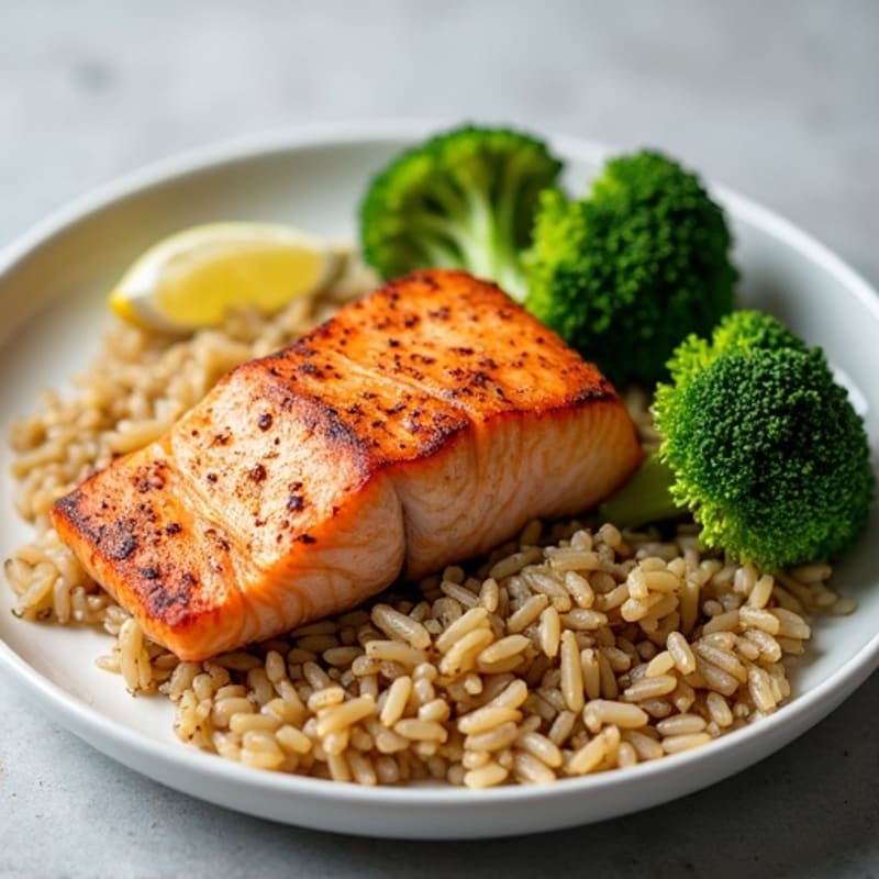 Seared Salmon Fillet with Steamed Broccoli and Garlic Brown Rice