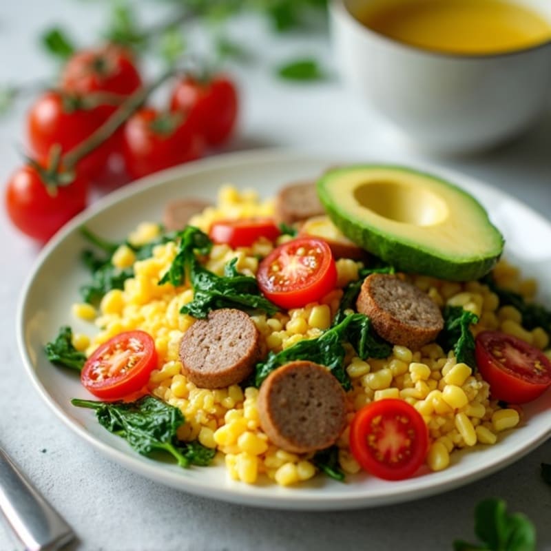 Egg White and Turkey Sausage Scramble with Spinach and Fresh Tomato