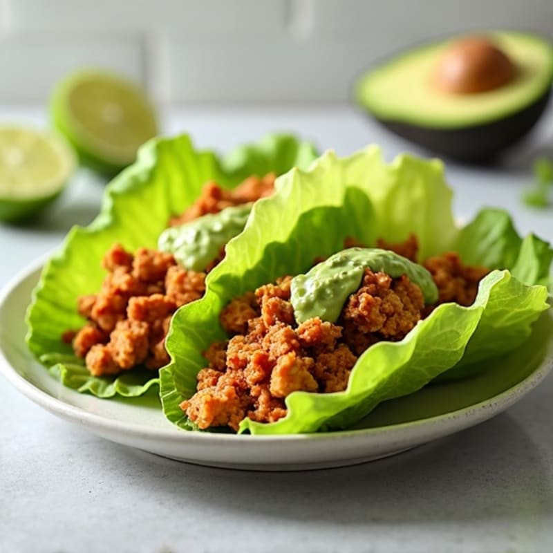 Spicy Ground Chicken Lettuce Tacos with Fresh Avocado Crema
