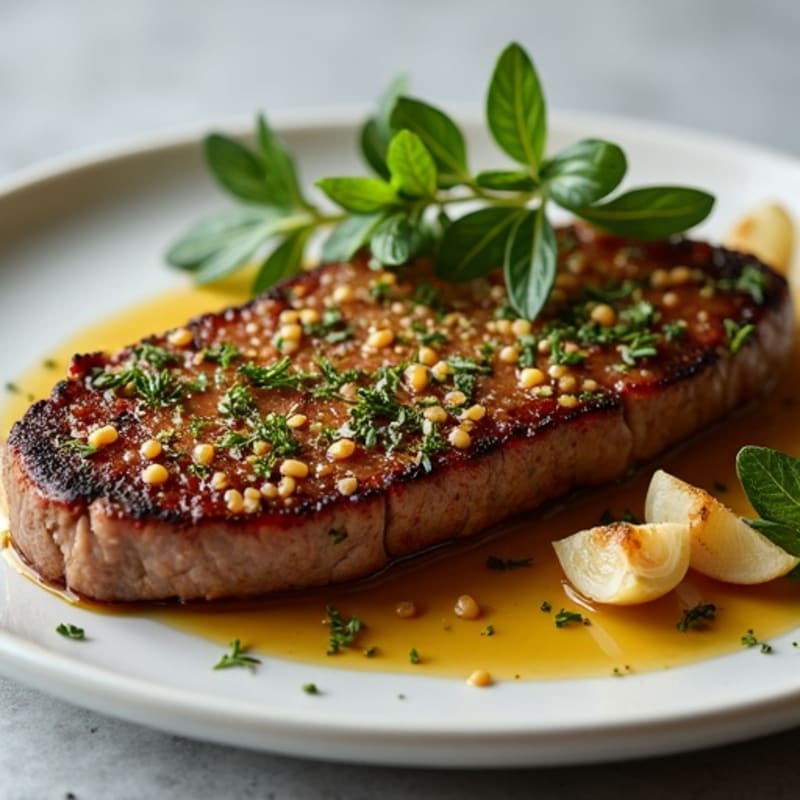 Herb-Crusted Pan Seared Steak with Roasted Garlic
