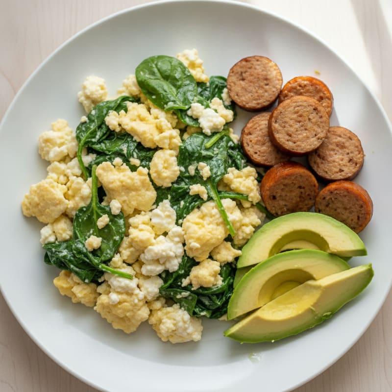 Creamy Cottage Cheese Scramble with Turkey Sausage and Spinach