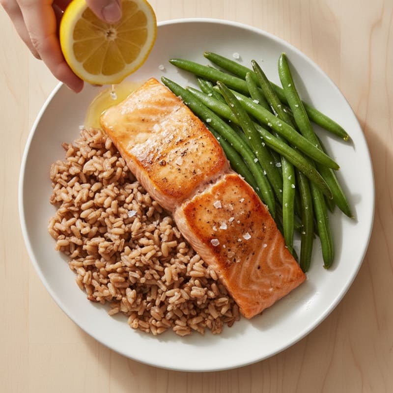 Seared Salmon with Steamed Green Beans and Brown Rice