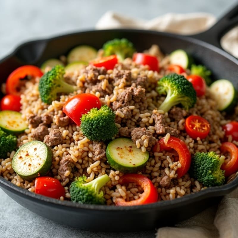 Lean Ground Beef and Brown Rice Skillet with Roasted Vegetables