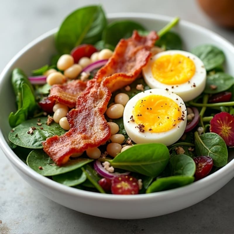 Warm Spinach Salad with Crispy Bacon, Hard-Boiled Eggs, and White Beans