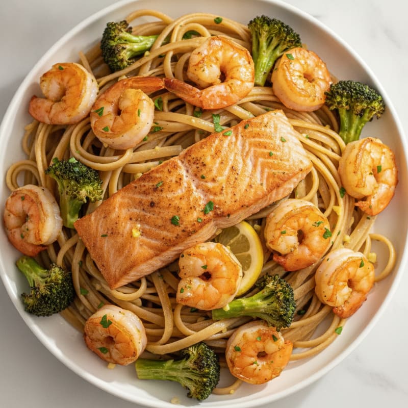 Seared Salmon and Shrimp Pasta with Roasted Broccoli