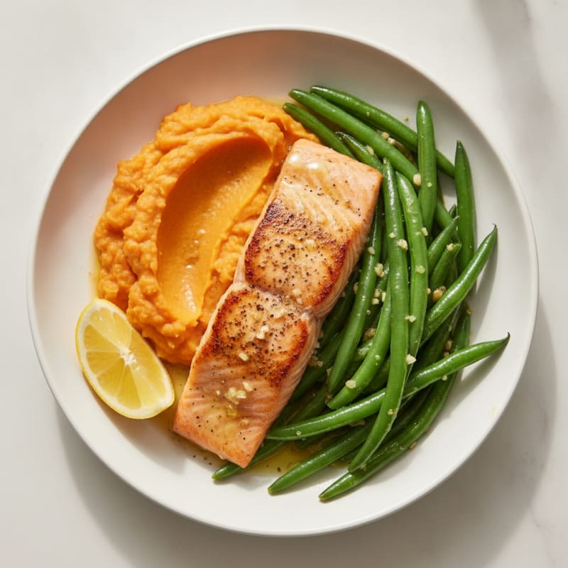 Seared Salmon with Lemon-Garlic Green Beans and Sweet Potato Mash