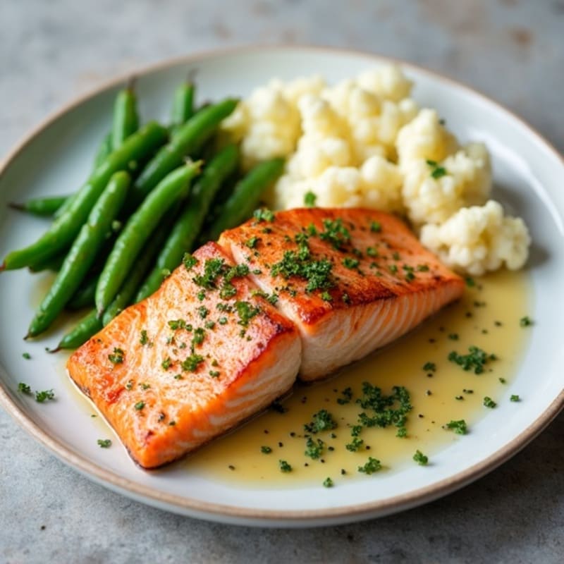 Seared Salmon Fillet with Garlic Green Beans and Cauliflower Mash