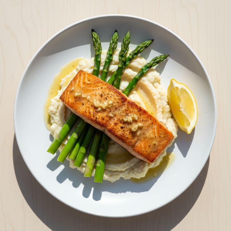 Seared Salmon with Steamed Asparagus and Cauliflower Mash