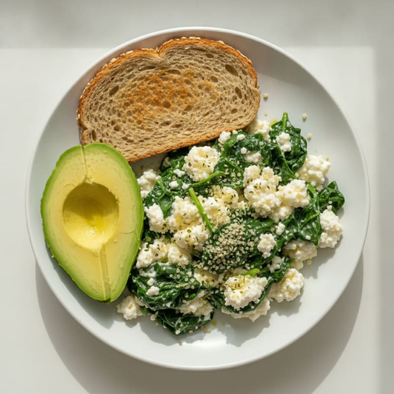Scrambled Egg Whites with Cottage Cheese and Sautéed Spinach