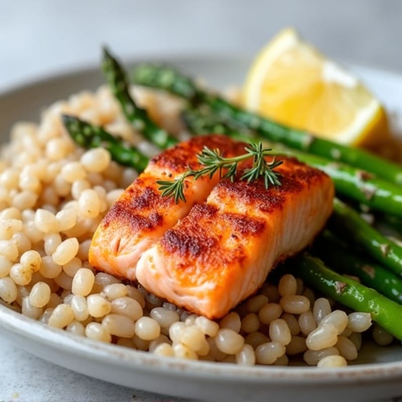 Seared Salmon Fillet with Steamed Asparagus and Brown Rice
