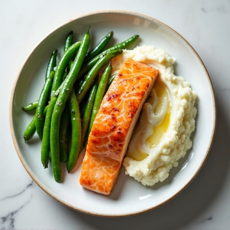 Seared Salmon with Steamed Green Beans and Garlic Mashed Cauliflower