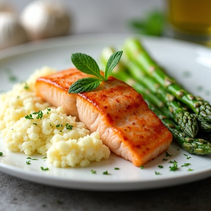 Seared Salmon Fillet with Steamed Asparagus and Garlic Mashed Cauliflower