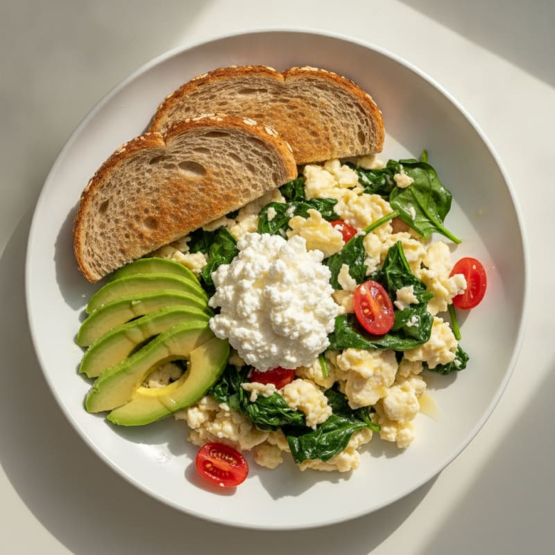 Egg White Spinach Scramble with Cottage Cheese and Tomatoes