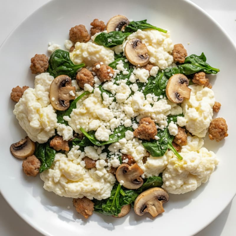 Egg White and Turkey Sausage Scramble with Spinach and Mushrooms